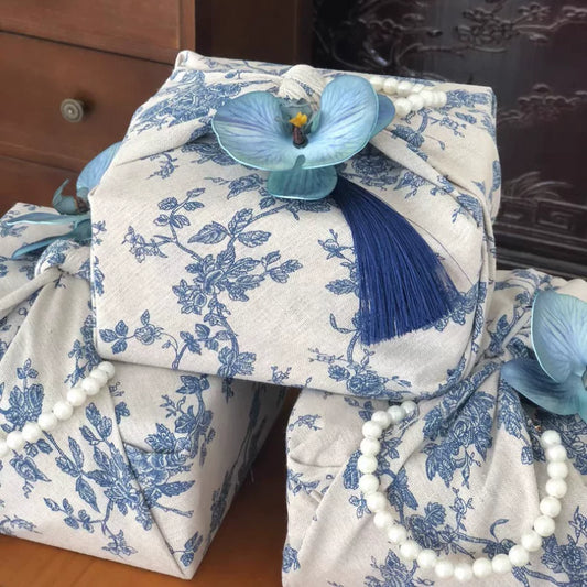 Coffret cadeau Furoshiki en porcelaine bleu et blanc Coffret cadeau en bois