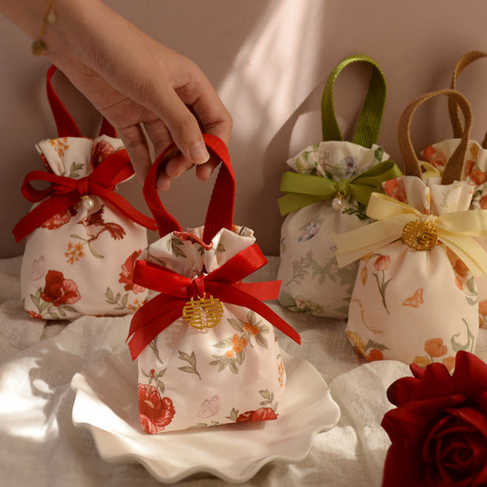 Lot de 10 sacs cadeaux de mariage en tissu avec cordon de serrage et fleurs