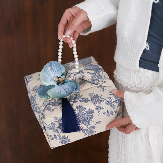 Coffret cadeau Furoshiki en porcelaine bleu et blanc Coffret cadeau en bois