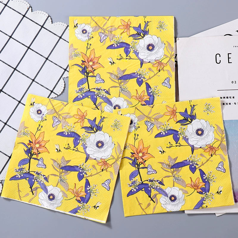 Serviettes de table à imprimé floral jaune Serviettes de fête de fin d'année Papier découpage