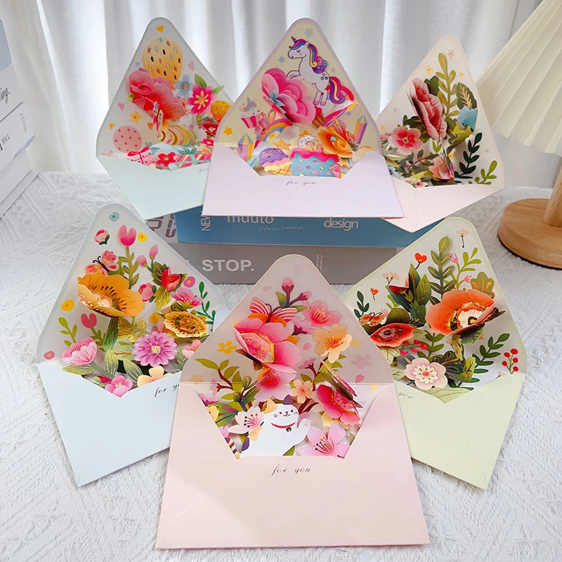 Coffret cadeau de fête de vacances avec enveloppe créative et fleur 3D, lot de 6
