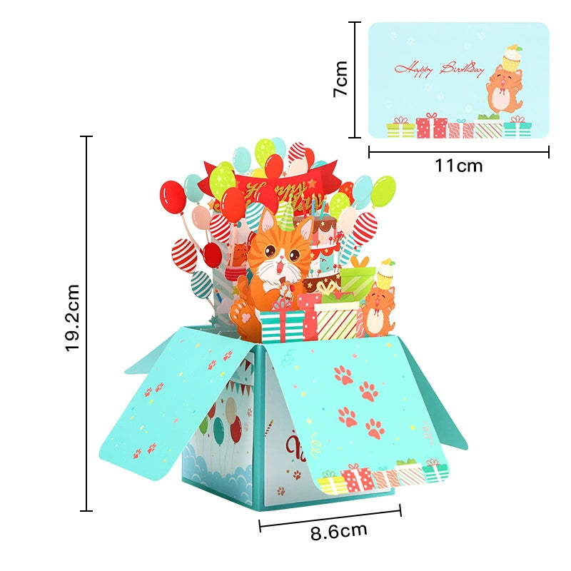 Carte d'anniversaire 3D en forme de boîte à chat mignon Carte de message de bénédiction de dessin animé