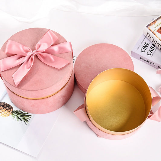 Boîte à chapeau ronde en velours avec nœud et couvercle, boîte cadeau surprise de luxe