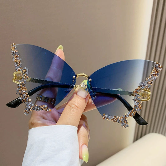Lunettes de soleil papillon à grande monture en diamant pour femmes