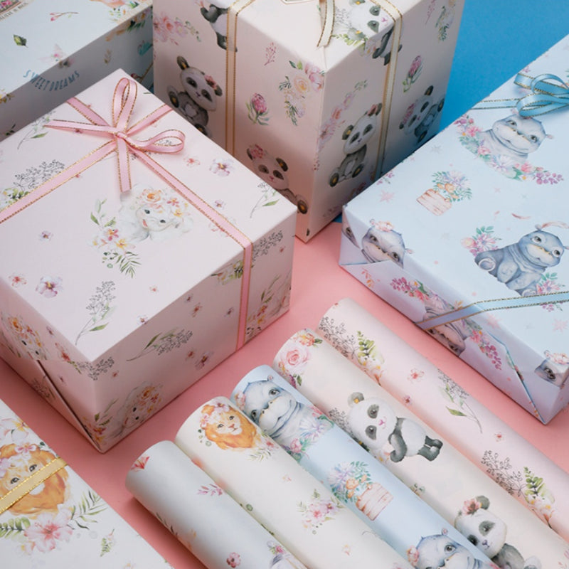 Papier d'emballage pour boîte cadeau d'anniversaire à motif animal et fleur