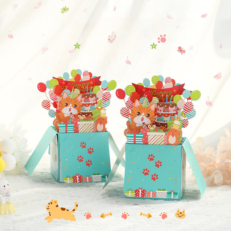 Carte d'anniversaire 3D en forme de boîte à chat mignon Carte de message de bénédiction de dessin animé