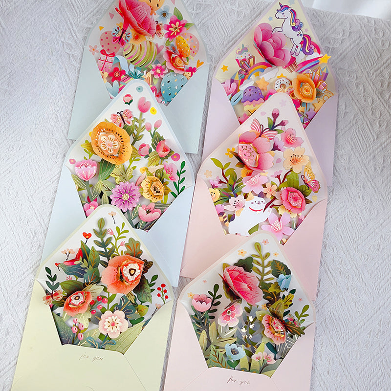 Coffret cadeau de fête de vacances avec enveloppe créative et fleur 3D, lot de 6