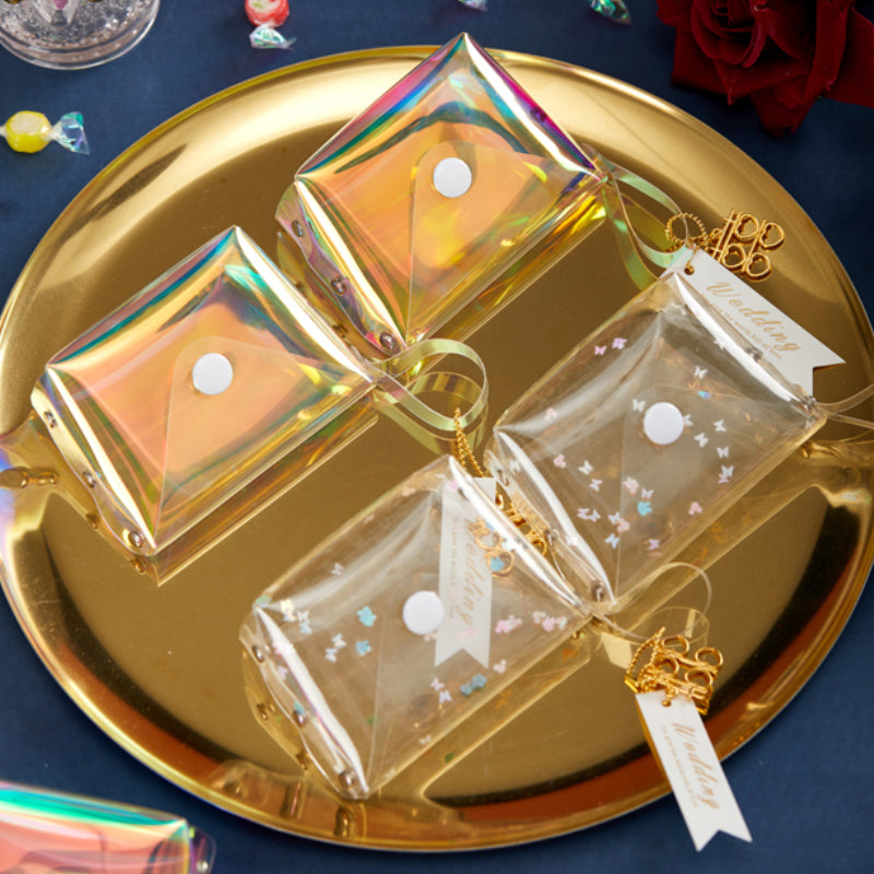 حقيبة هدايا شفافة عاكسة ملونة مقاومة للماء مصنوعة من مادة البولي فينيل كلوريد بالليزر وحقيبة سكر للزفاف