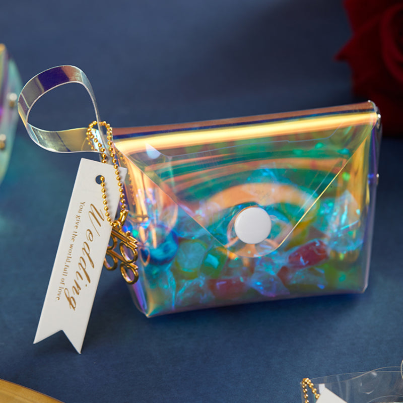 حقيبة هدايا شفافة عاكسة ملونة مقاومة للماء مصنوعة من مادة البولي فينيل كلوريد بالليزر وحقيبة سكر للزفاف