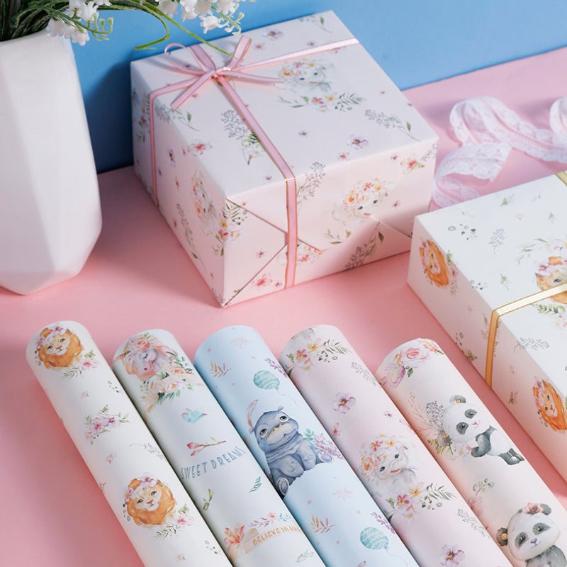 Papier d'emballage pour boîte cadeau d'anniversaire à motif animal et fleur