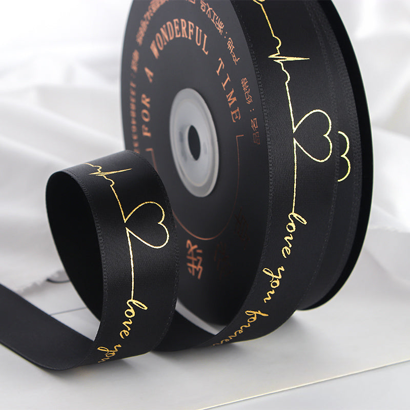 Ruban de battement de cœur estampé doré pour emballage de gâteau, pâtisserie, fleur, cadeau (2,5 cm x 45 mètres)
