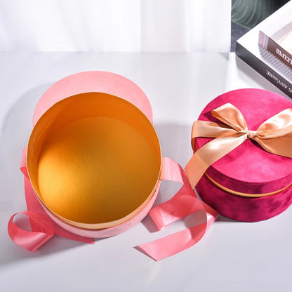 Round Velvet Flower Hat Box with Bowknot and Lid Luxury Gift Surprise Box