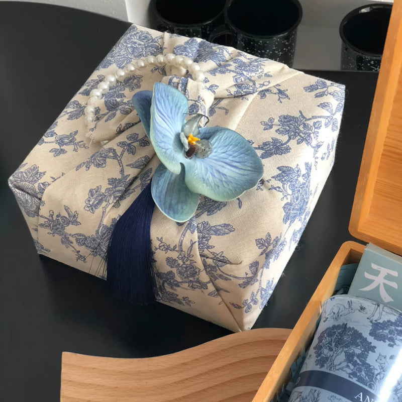 Blue and White Porcelain Furoshiki Gift Packaging Wooden Gift Box