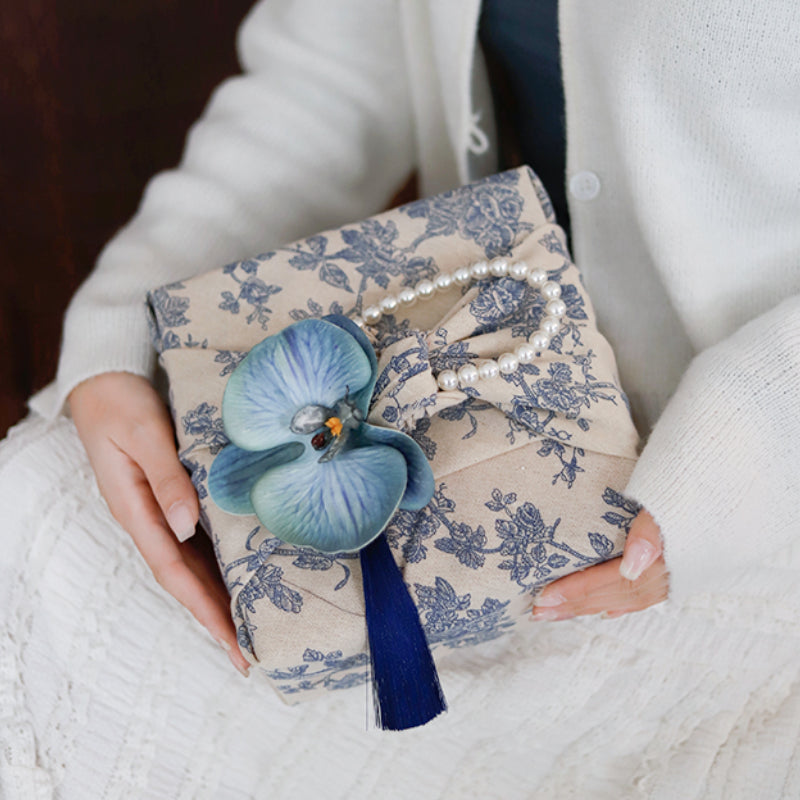 Blue and White Porcelain Furoshiki Gift Packaging Wooden Gift Box