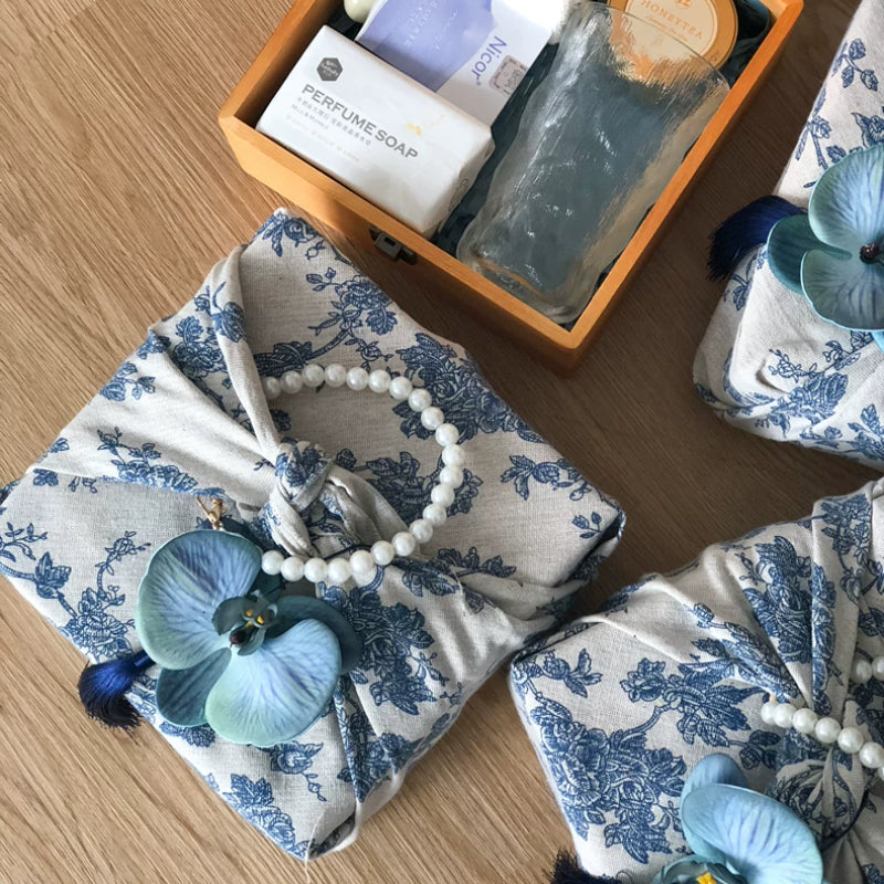 Blue and White Porcelain Furoshiki Gift Packaging Wooden Gift Box