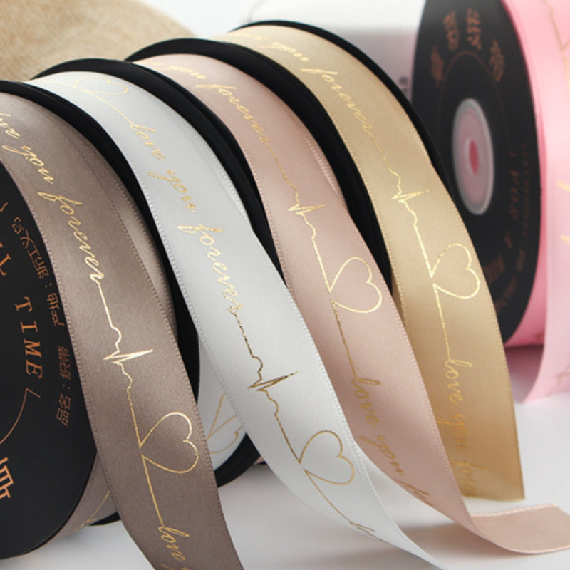 Gold Stamped Heartbeat Ribbon Gift Flower Baking Cake Packaging Ribbon (2.5cm X 45Meters)