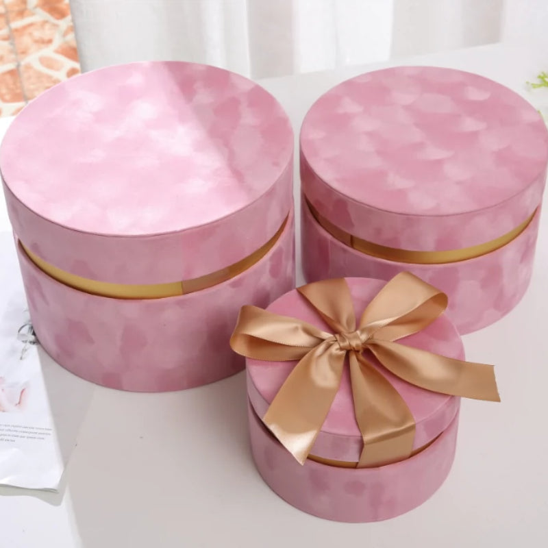 Round Velvet Flower Hat Box with Bowknot and Lid Luxury Gift Surprise Box