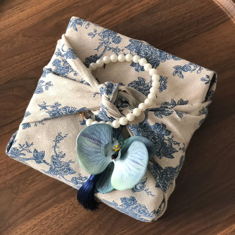 Blue and White Porcelain Furoshiki Gift Packaging Wooden Gift Box