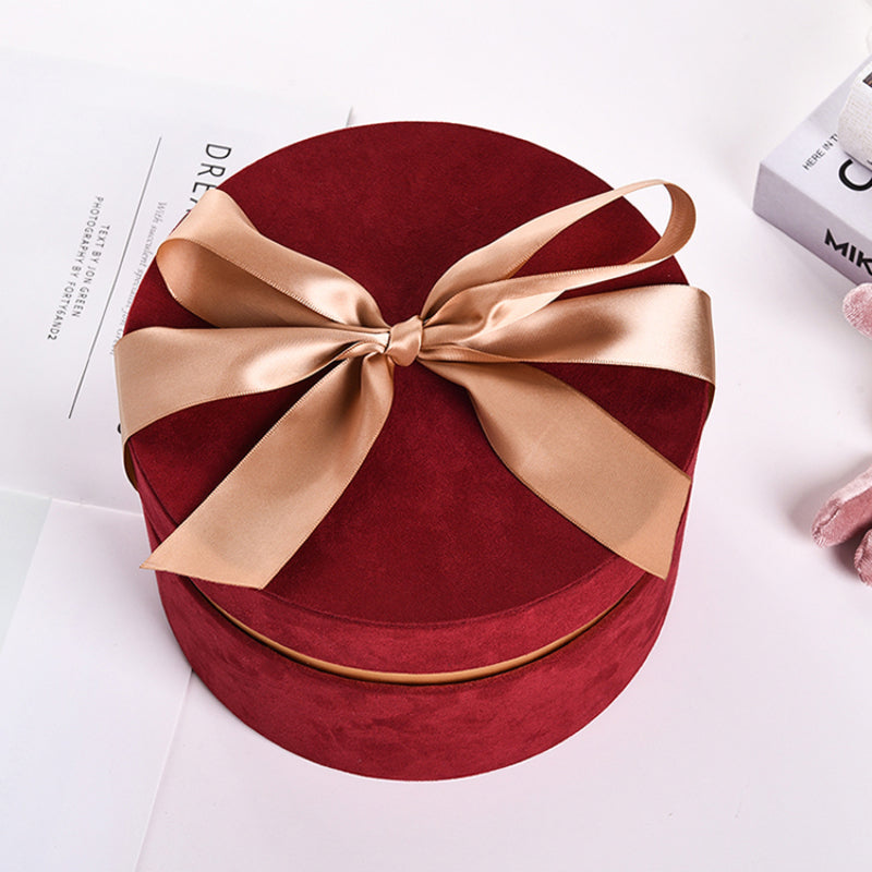 Round Velvet Flower Hat Box with Bowknot and Lid Luxury Gift Surprise Box