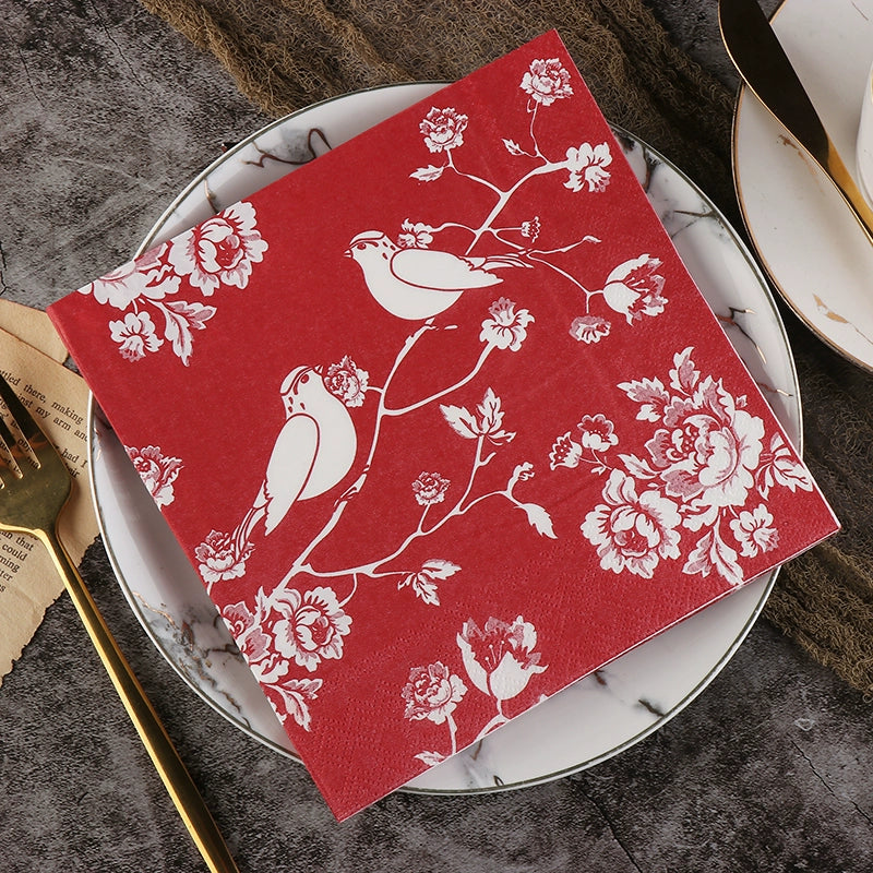 Red Chinese Style Magpie Print Dinner Napkins - 20 Per Package