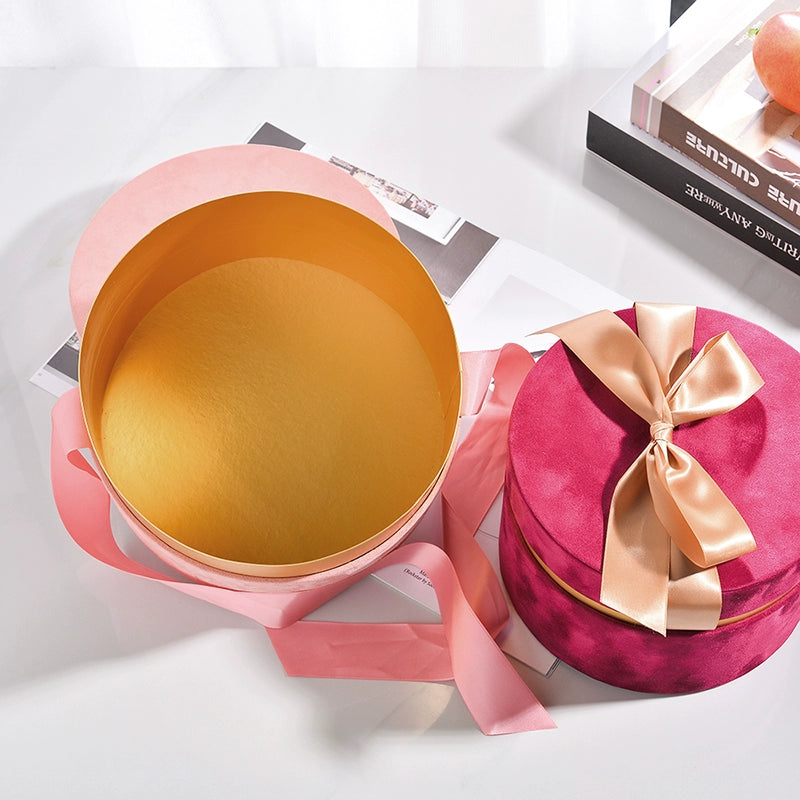 Round Velvet Flower Hat Box with Bowknot and Lid Luxury Gift Surprise Box