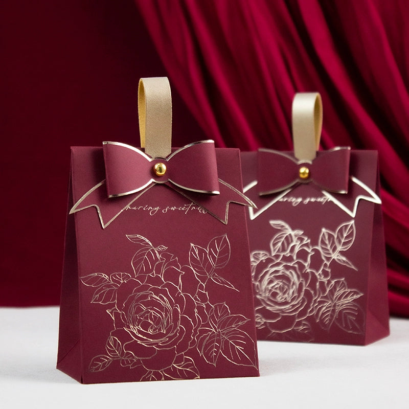 Rose Printed Bow Hand-held Box Wedding Party Gift Bags