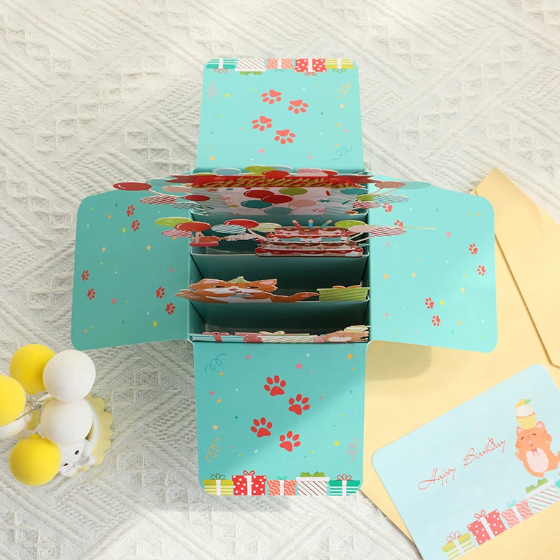 Cute Cat Box 3D Birthday Card Cartoon Blessing Message Card