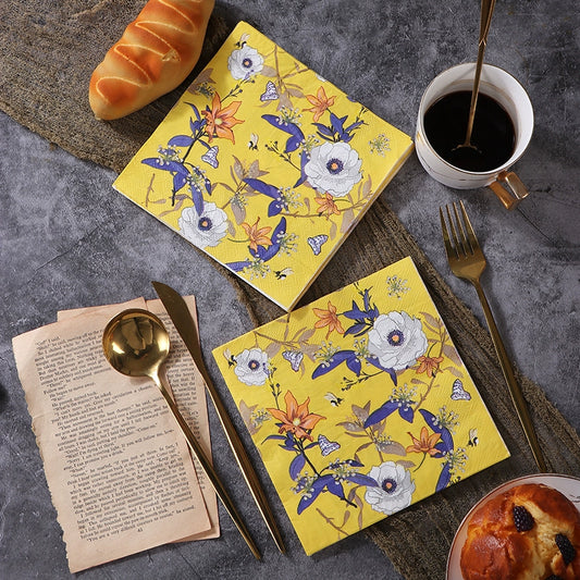 Yellow Floral Print Dinner Napkins Holiday Party Napkins Decoupage Paper