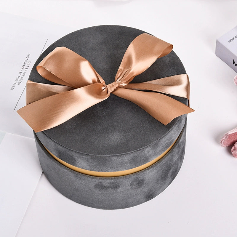 Round Velvet Flower Hat Box with Bowknot and Lid Luxury Gift Surprise Box