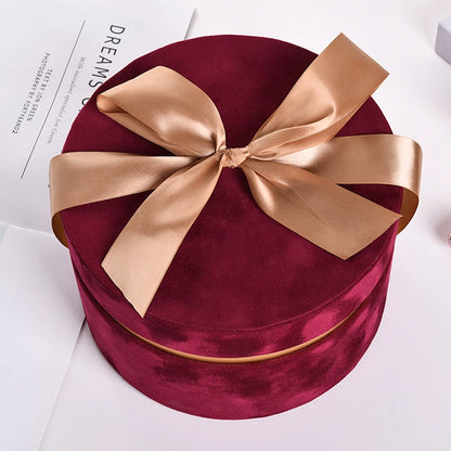 Round Velvet Flower Hat Box with Bowknot and Lid Luxury Gift Surprise Box