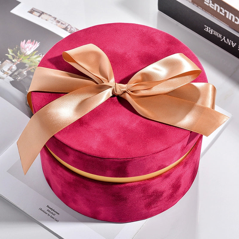 Round Velvet Flower Hat Box with Bowknot and Lid Luxury Gift Surprise Box