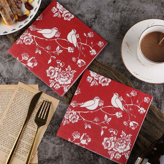 Red Chinese Style Magpie Print Dinner Napkins - 20 Per Package