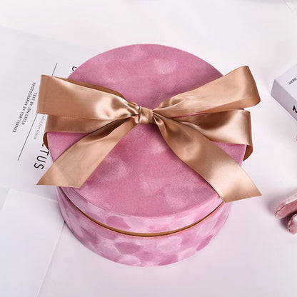 Round Velvet Flower Hat Box with Bowknot and Lid Luxury Gift Surprise Box