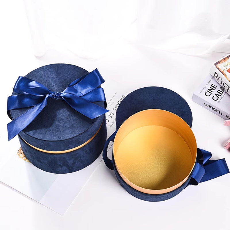 Round Velvet Flower Hat Box with Bowknot and Lid Luxury Gift Surprise Box