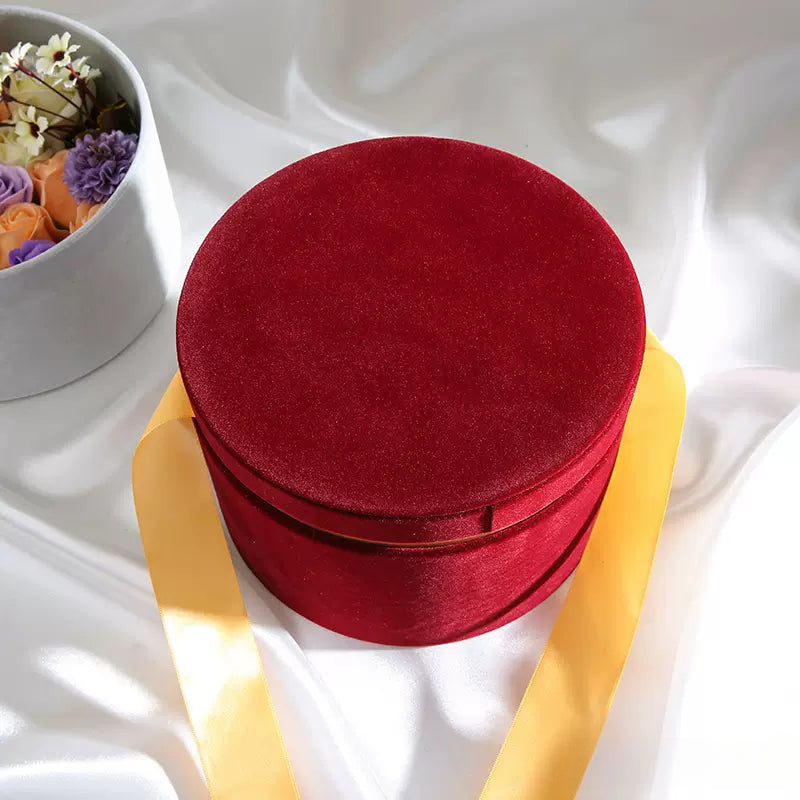 Round Velvet Flower Hat Box with Bowknot and Lid Luxury Gift Surprise Box