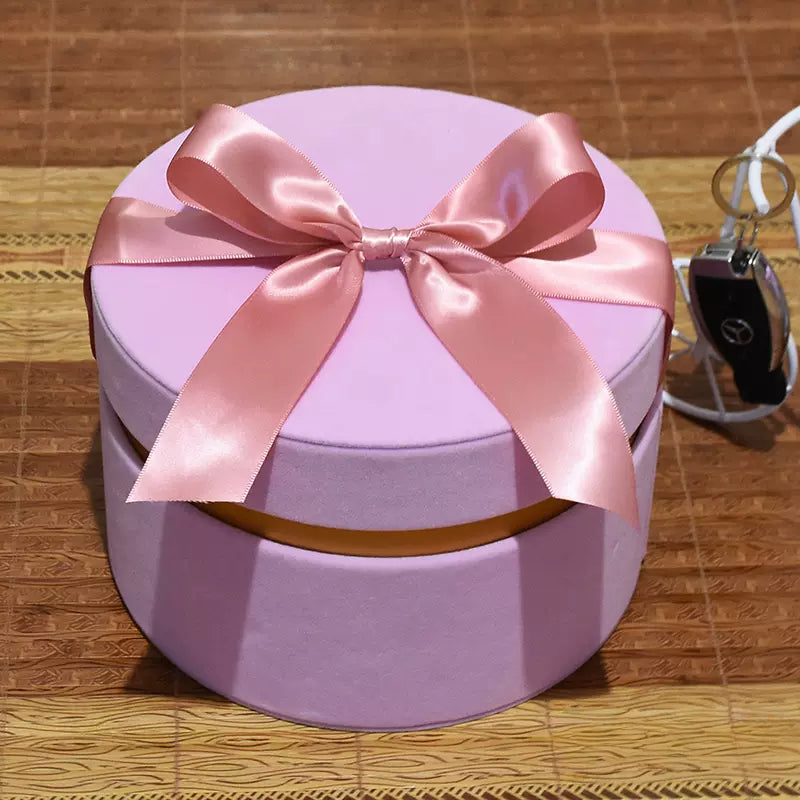 Round Velvet Flower Hat Box with Bowknot and Lid Luxury Gift Surprise Box