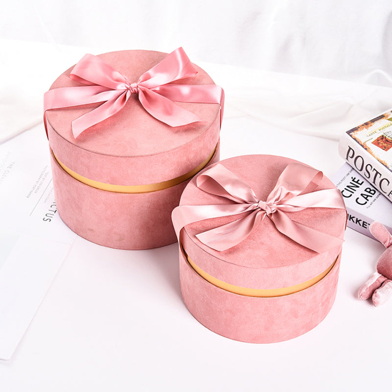 Round Velvet Flower Hat Box with Bowknot and Lid Luxury Gift Surprise Box