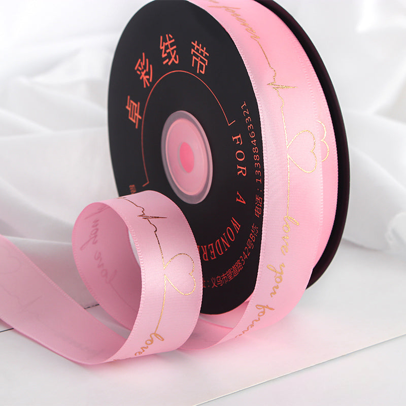 Gold Stamped Heartbeat Ribbon Gift Flower Baking Cake Packaging Ribbon (2.5cm X 45Meters)