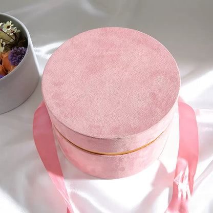 Round Velvet Flower Hat Box with Bowknot and Lid Luxury Gift Surprise Box