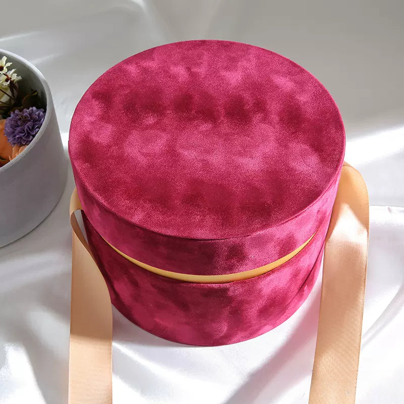 Round Velvet Flower Hat Box with Bowknot and Lid Luxury Gift Surprise Box