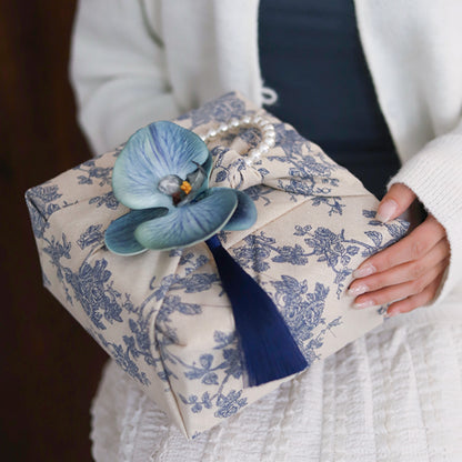 Blue and White Porcelain Furoshiki Gift Packaging Wooden Gift Box