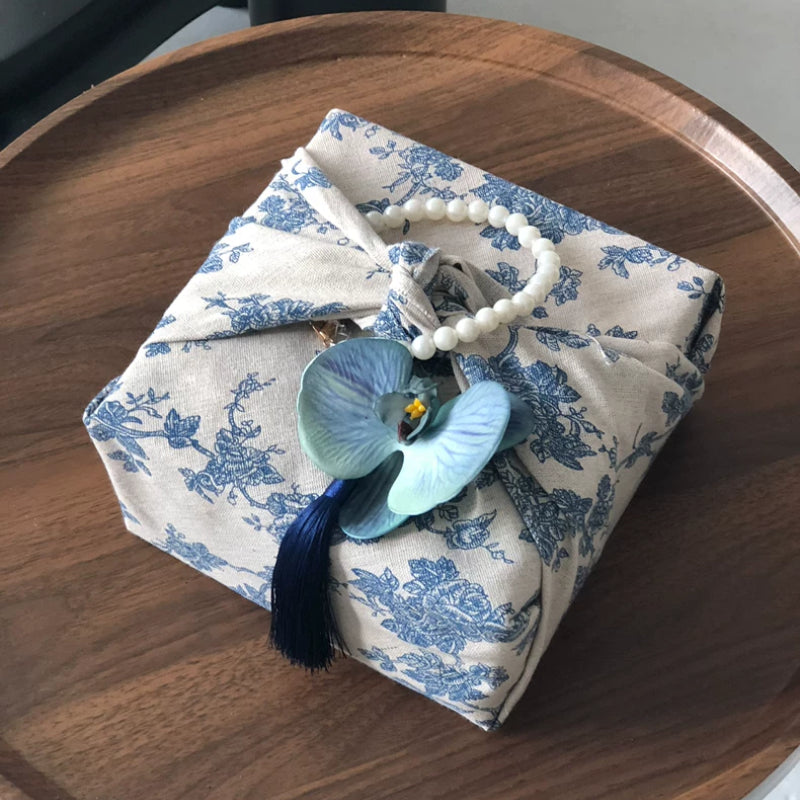 Blue and White Porcelain Furoshiki Gift Packaging Wooden Gift Box